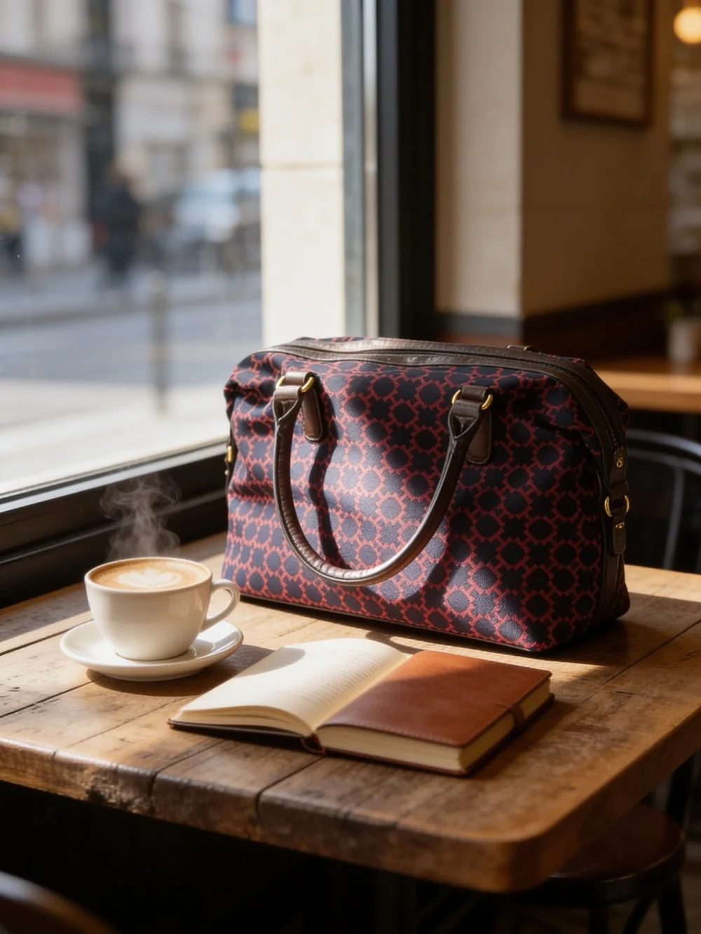 Tommy Hilfiger Nylon Satchel | Red Navy Monogram | Brown Trim